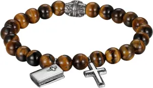 Tiger Eye Beaded Bracelet for Men: Cross Skull Celtic Knot Black Agate Stone Natural Beads Stretch Link Chain Bracelet Valentines Halloween Jewelry