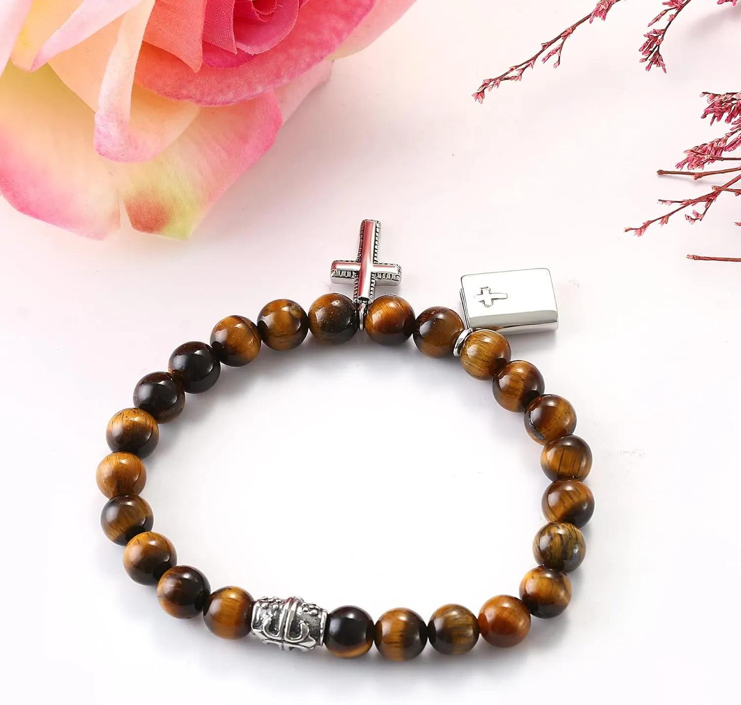 Tiger Eye Beaded Bracelet for Men: Cross Skull Celtic Knot Black Agate Stone Natural Beads Stretch Link Chain Bracelet Valentines Halloween Jewelry