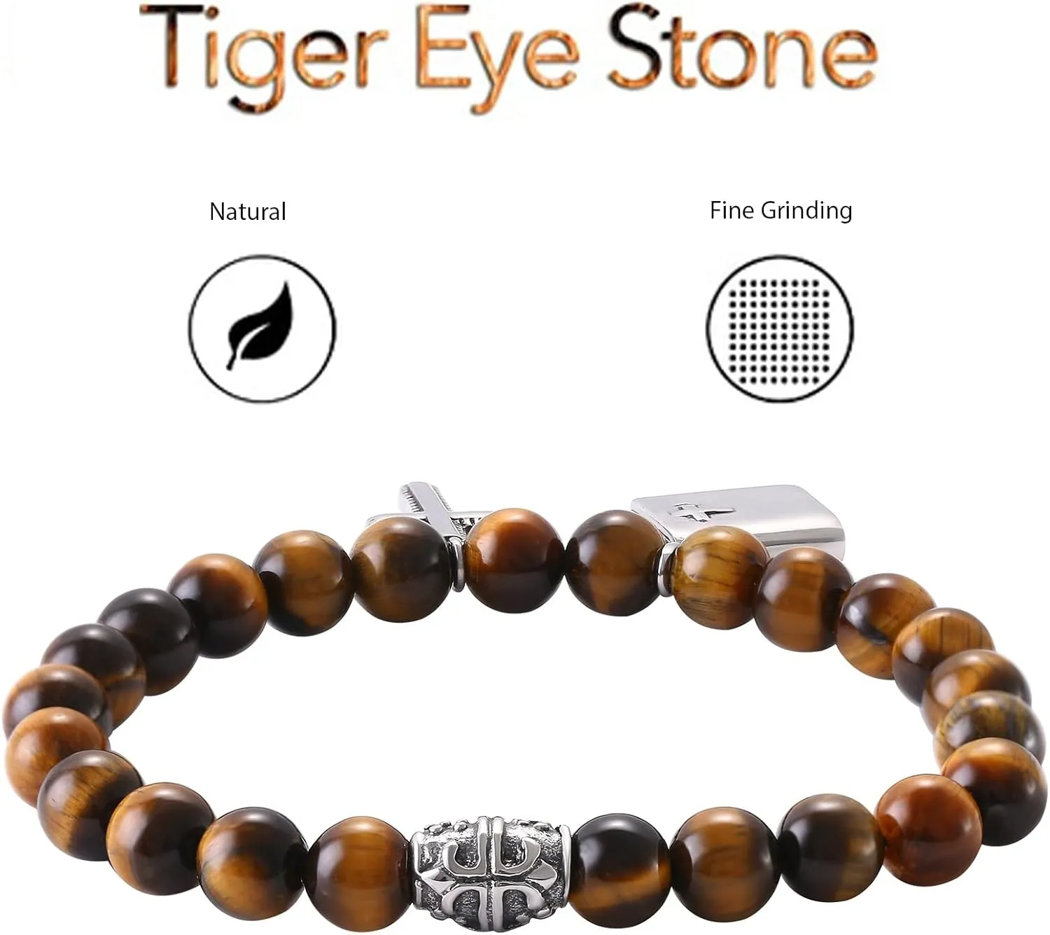 Tiger Eye Beaded Bracelet for Men: Cross Skull Celtic Knot Black Agate Stone Natural Beads Stretch Link Chain Bracelet Valentines Halloween Jewelry