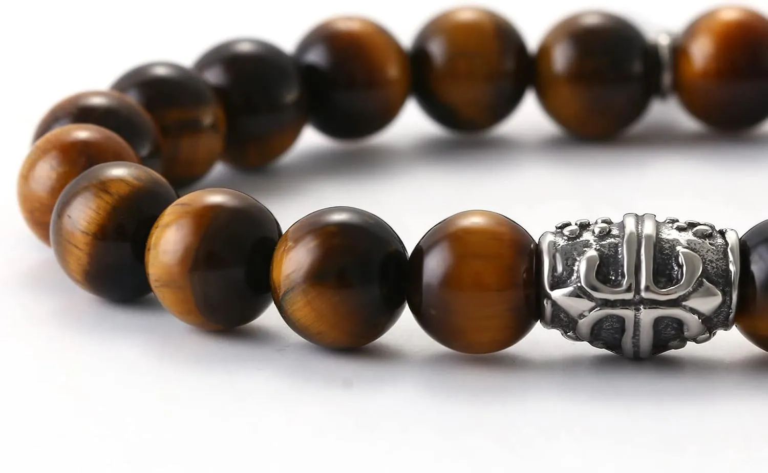 Tiger Eye Beaded Bracelet for Men: Cross Skull Celtic Knot Black Agate Stone Natural Beads Stretch Link Chain Bracelet Valentines Halloween Jewelry