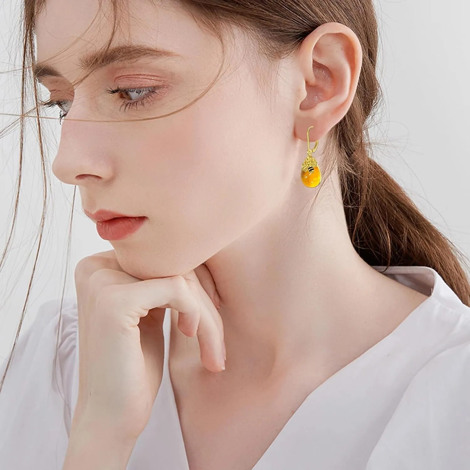 TIGER RIDER Bee 925 Sterling Silver French Clasp Earrings Amber/Crystal/Citrine/Moonstone Pendant Jewelry Gift for Women