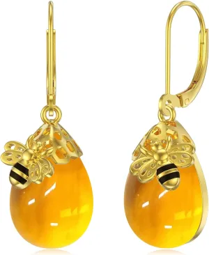 TIGER RIDER Bee 925 Sterling Silver French Clasp Earrings Amber/Crystal/Citrine/Moonstone Pendant Jewelry Gift for Women