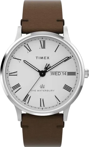 Timex Men's Waterbury Classic 40mm Watch - Brown Strap White Dial Stainless Steel Case