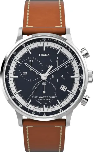 Timex Men's Waterbury Classic Chrono 40mm Stainless Steel Quartz Dress Watch with Leather Strap