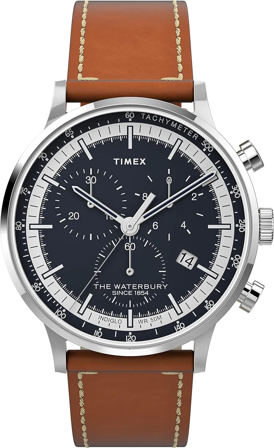 Timex Men's Waterbury Classic Chrono 40mm Stainless Steel Quartz Dress Watch with Leather Strap