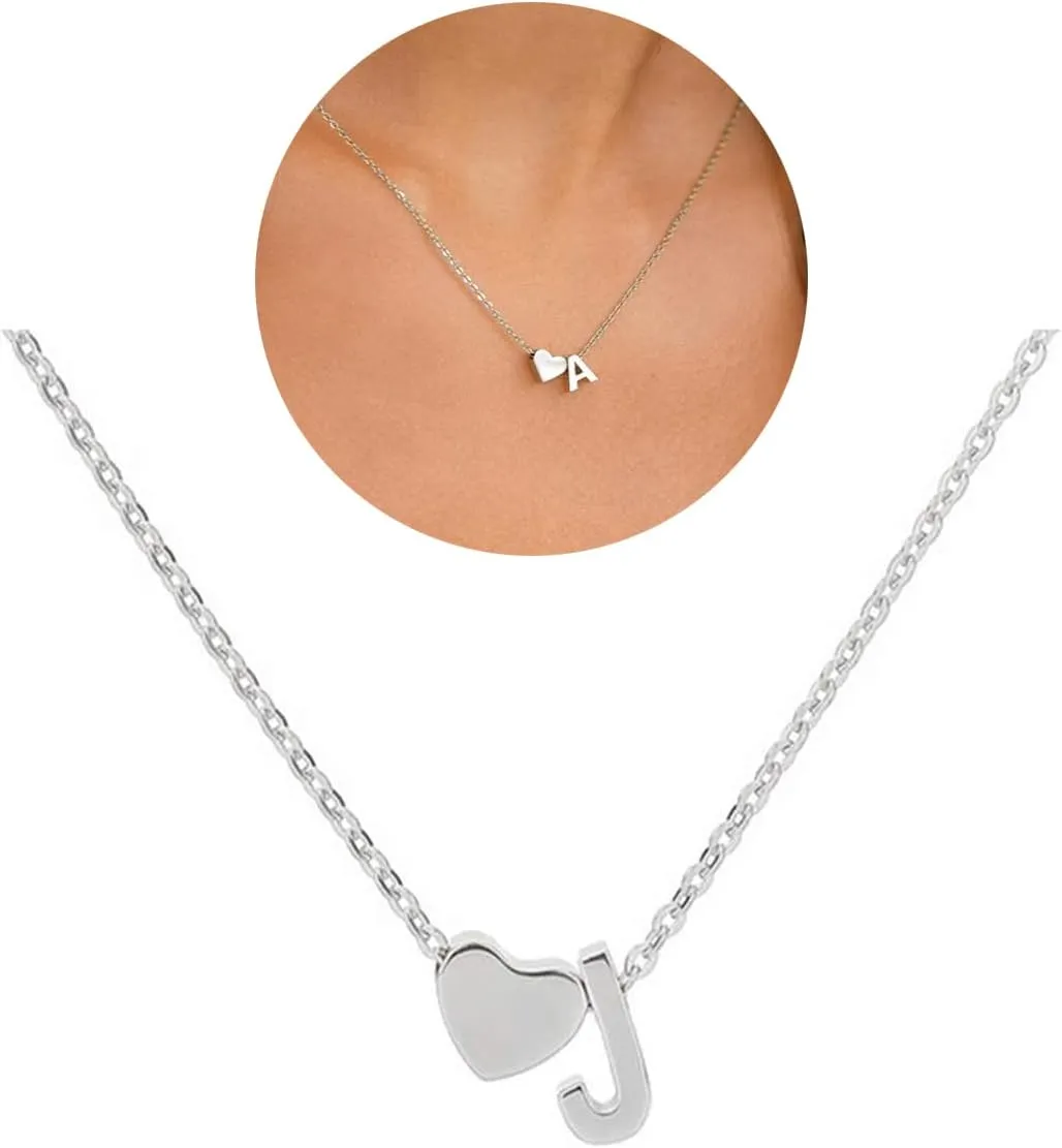 Tiny Gold Heart Initial Necklace Dainty Silver Heart Letter A-Z Necklace Personalized Monogram Name Necklaces Birthday Gifts for Women Jewelry