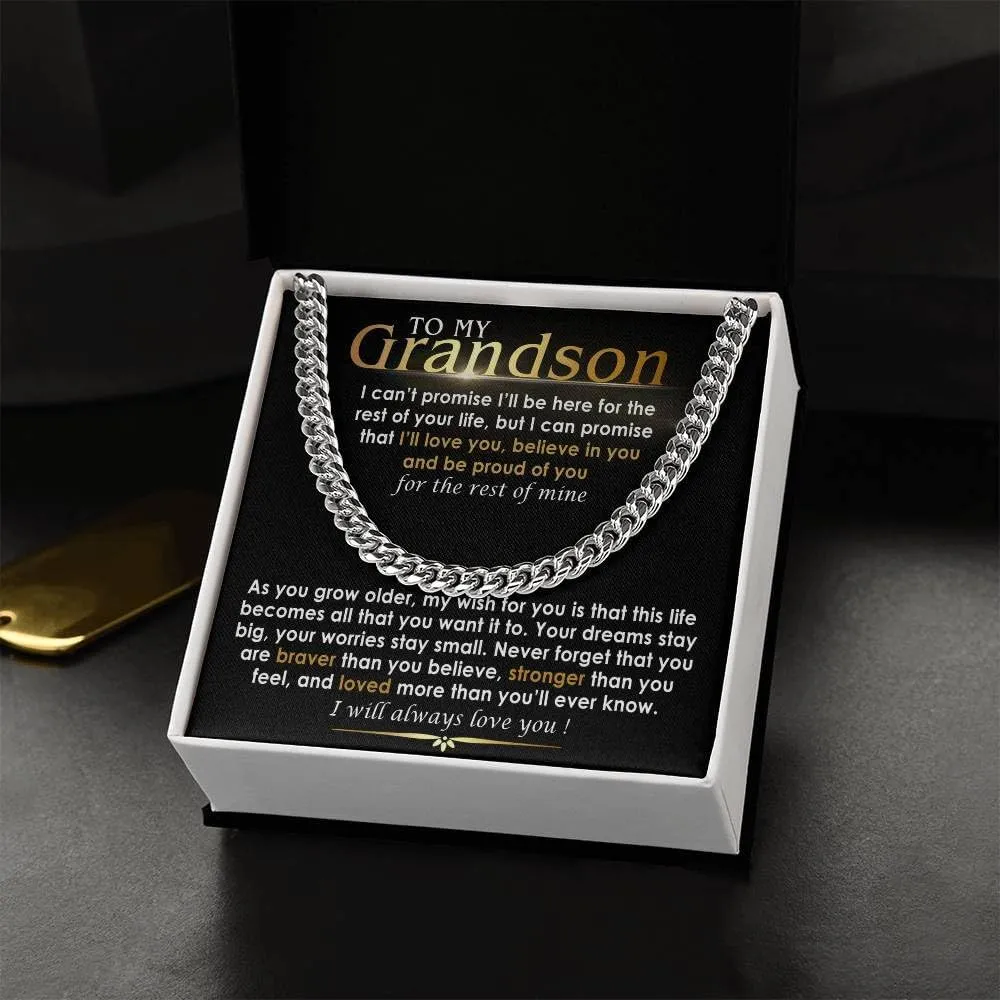 To My Grandson Necklace - Cuban Link Chain with Message Card and Gift Box
