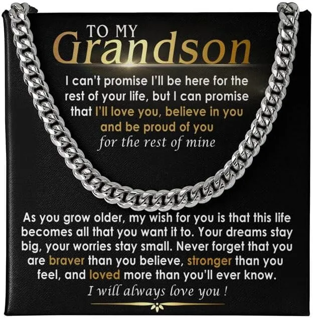 To My Grandson Necklace - Cuban Link Chain with Message Card and Gift Box