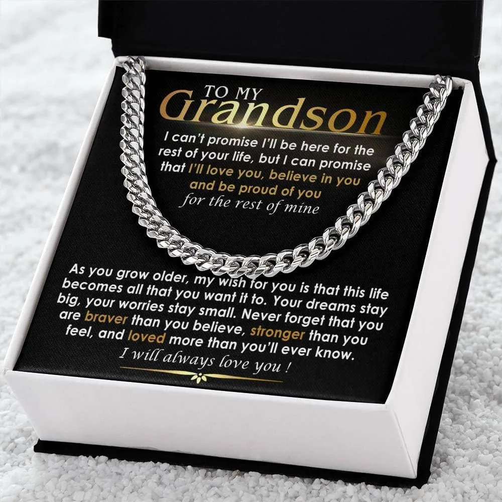 To My Grandson Necklace - Cuban Link Chain with Message Card and Gift Box