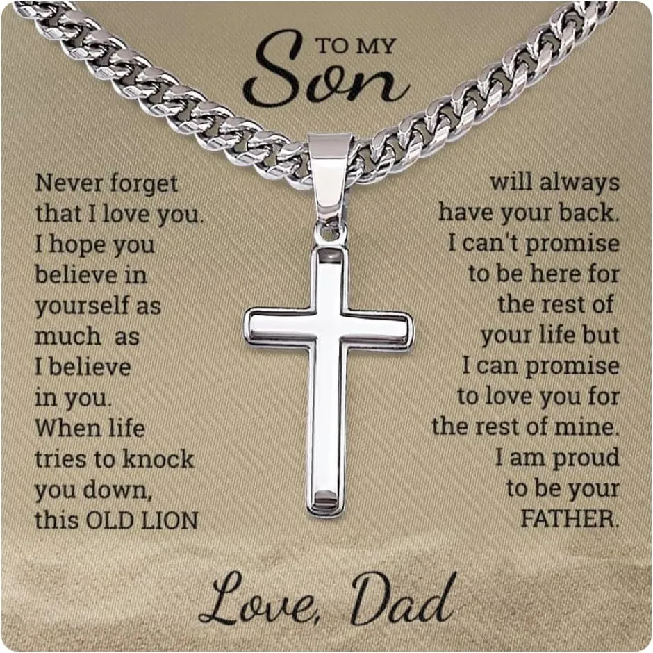 To My Son Gift Necklace, Christmas Gifts For Son, Old Lion Gift from Dad, Son Birthday Gift, Son Graduation, Christmas Gift Cuban Cross