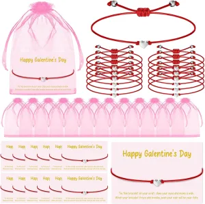 Tondiamo 12 Set Happy Galentines Day Bracelets for Women Valentines Gift Set BFF Red Bracelets Silver Heart Galentine Greeting Card with Pink Bags Valentines Day Party Favor for Sister Friend