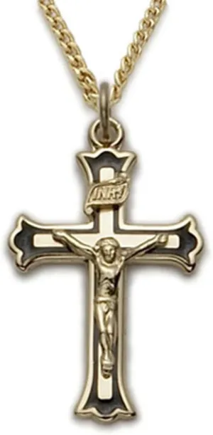True Faith Jewelry 14KT Gold-Plated Sterling Silver Crucifix Cross Pendant Necklace Black Enameled, Religious Jewelry, 1 Inch