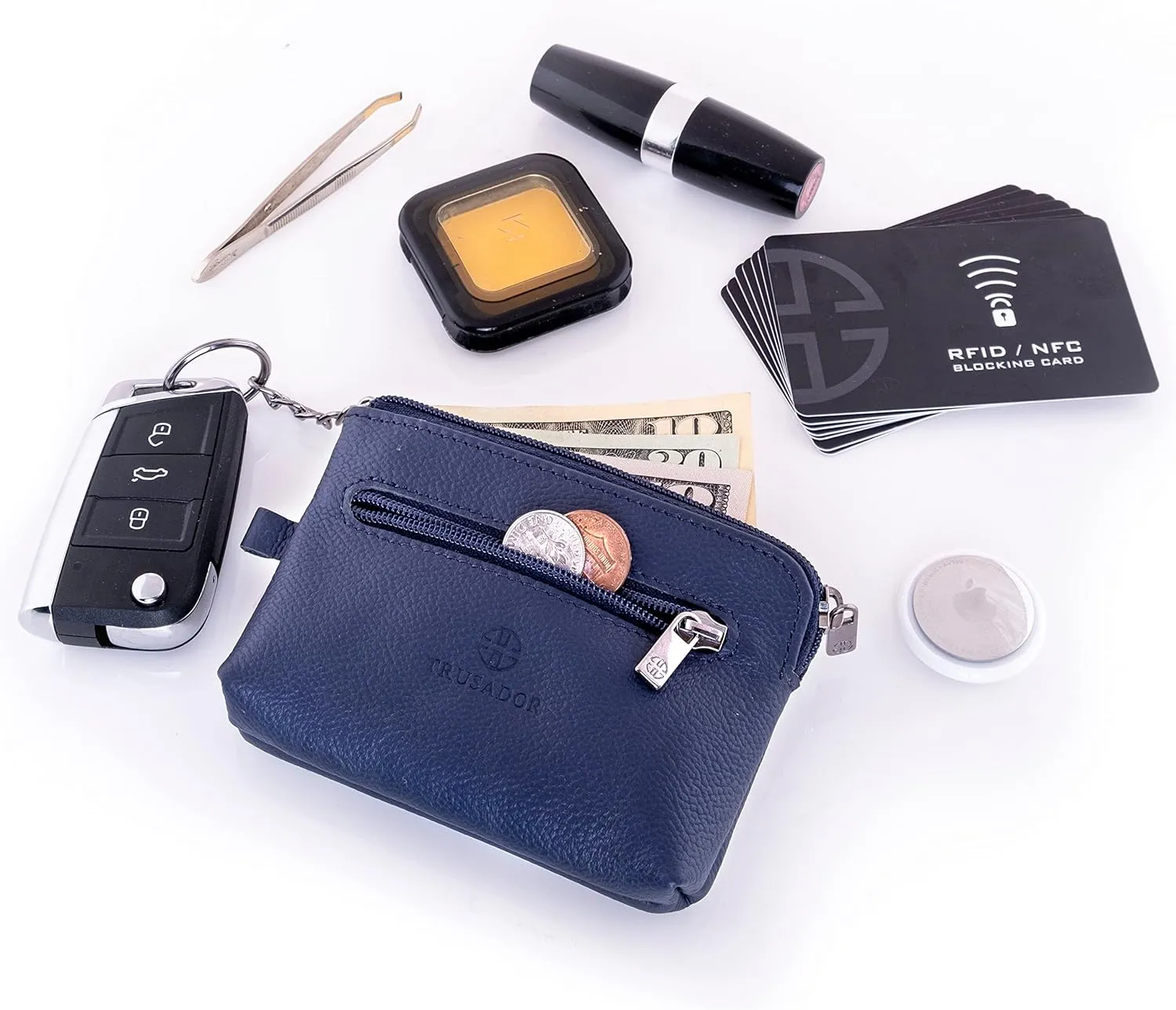 Trusador Milano Unisex Leather Front Pocket Wallet Coin Purse Zipper Pouch with Keychain (Navy)