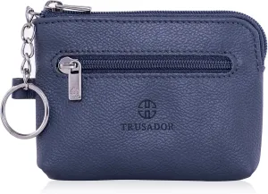 Trusador Milano Unisex Leather Front Pocket Wallet Coin Purse Zipper Pouch with Keychain (Navy)