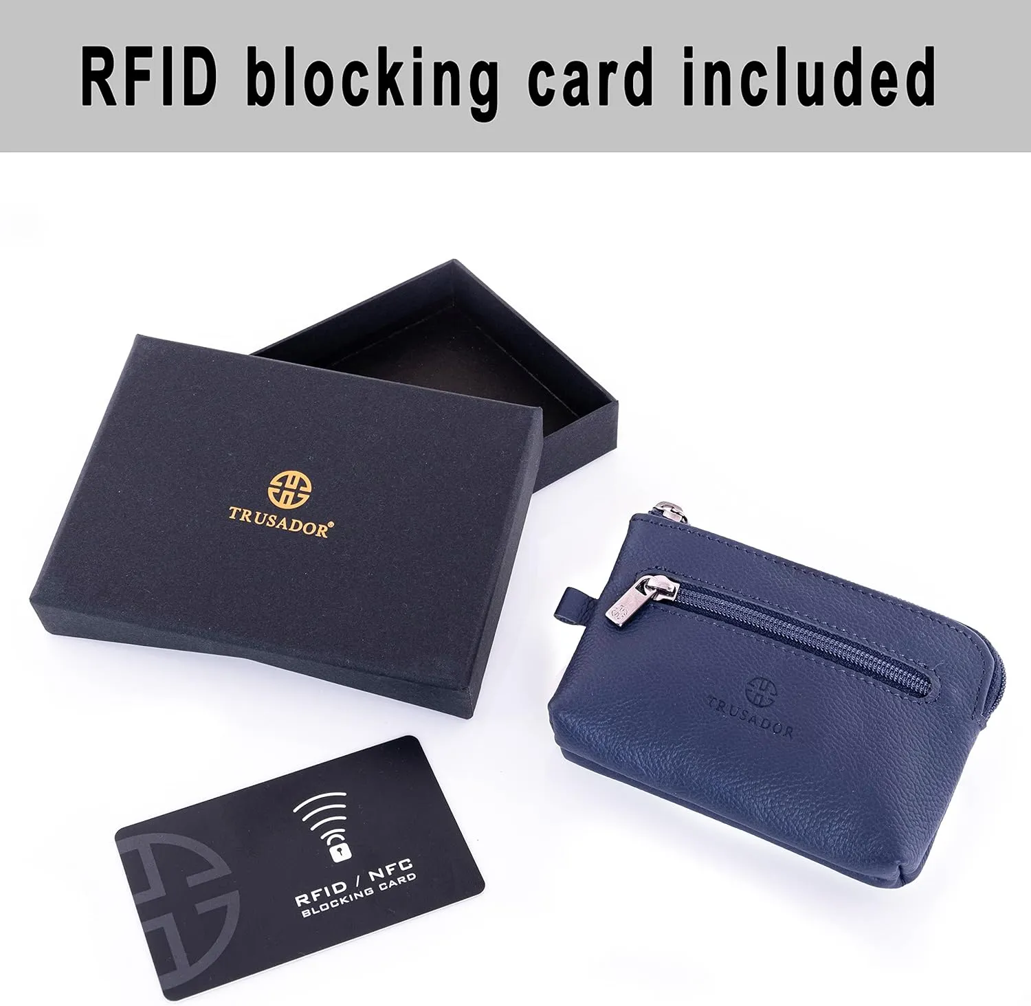Trusador Milano Unisex Leather Front Pocket Wallet Coin Purse Zipper Pouch with Keychain (Navy)