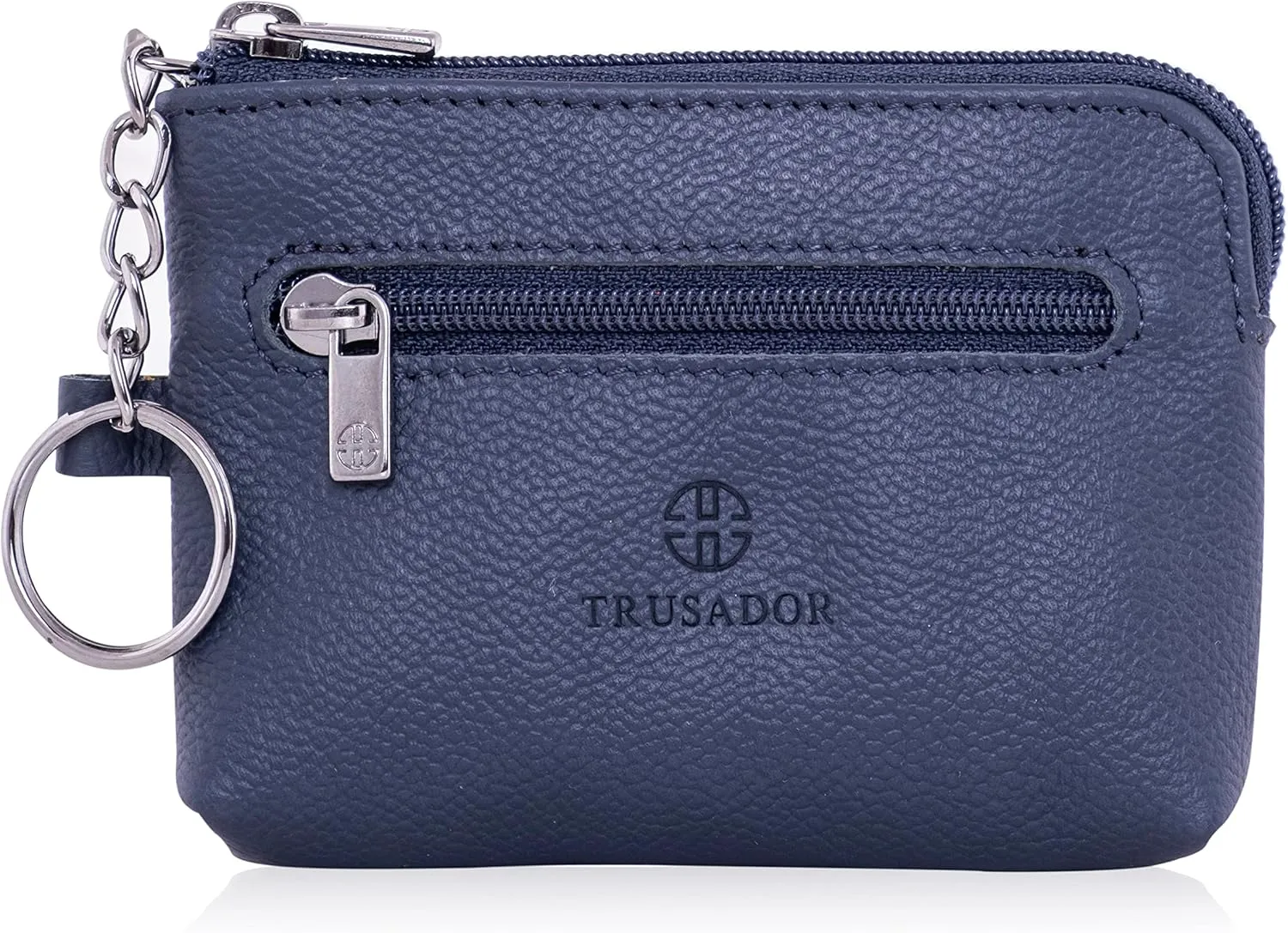 Trusador Milano Unisex Leather Front Pocket Wallet Coin Purse Zipper Pouch with Keychain (Navy)