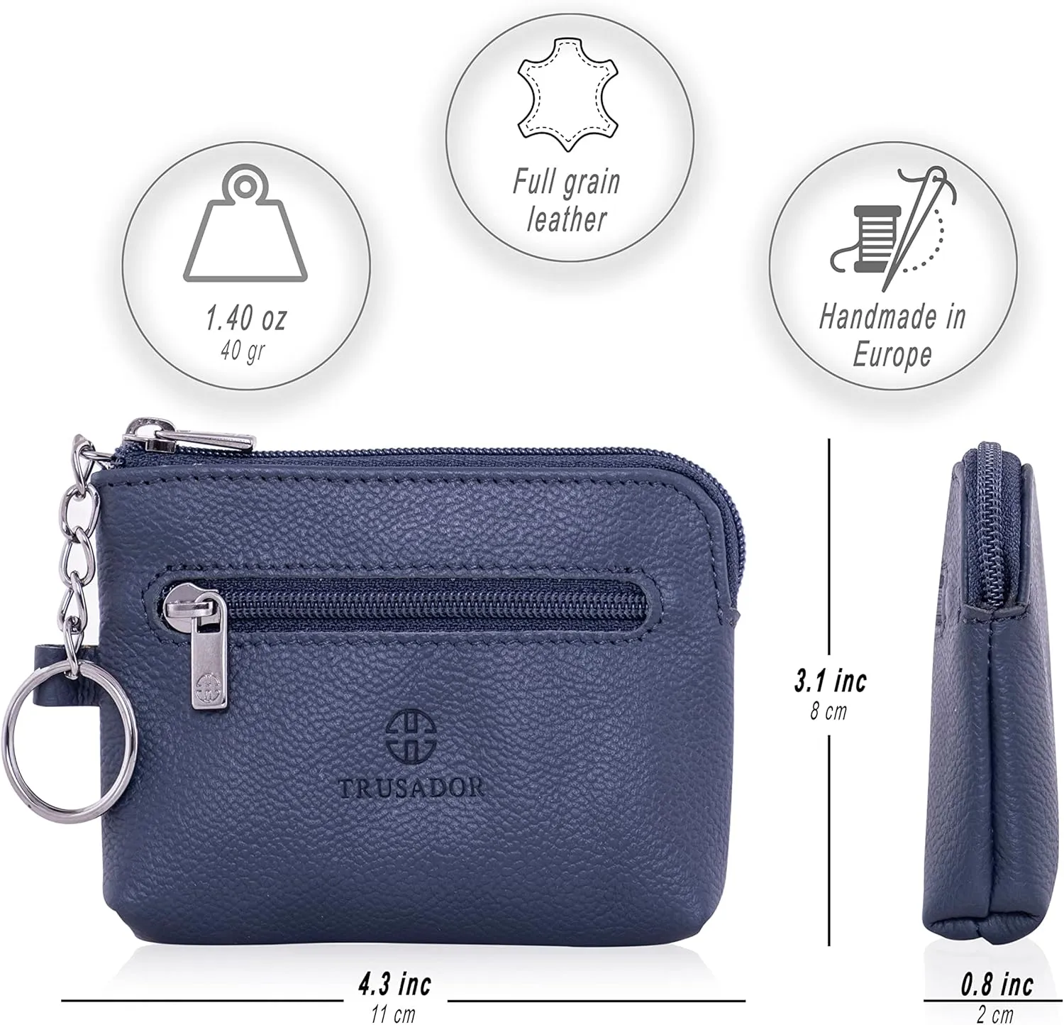 Trusador Milano Unisex Leather Front Pocket Wallet Coin Purse Zipper Pouch with Keychain (Navy)