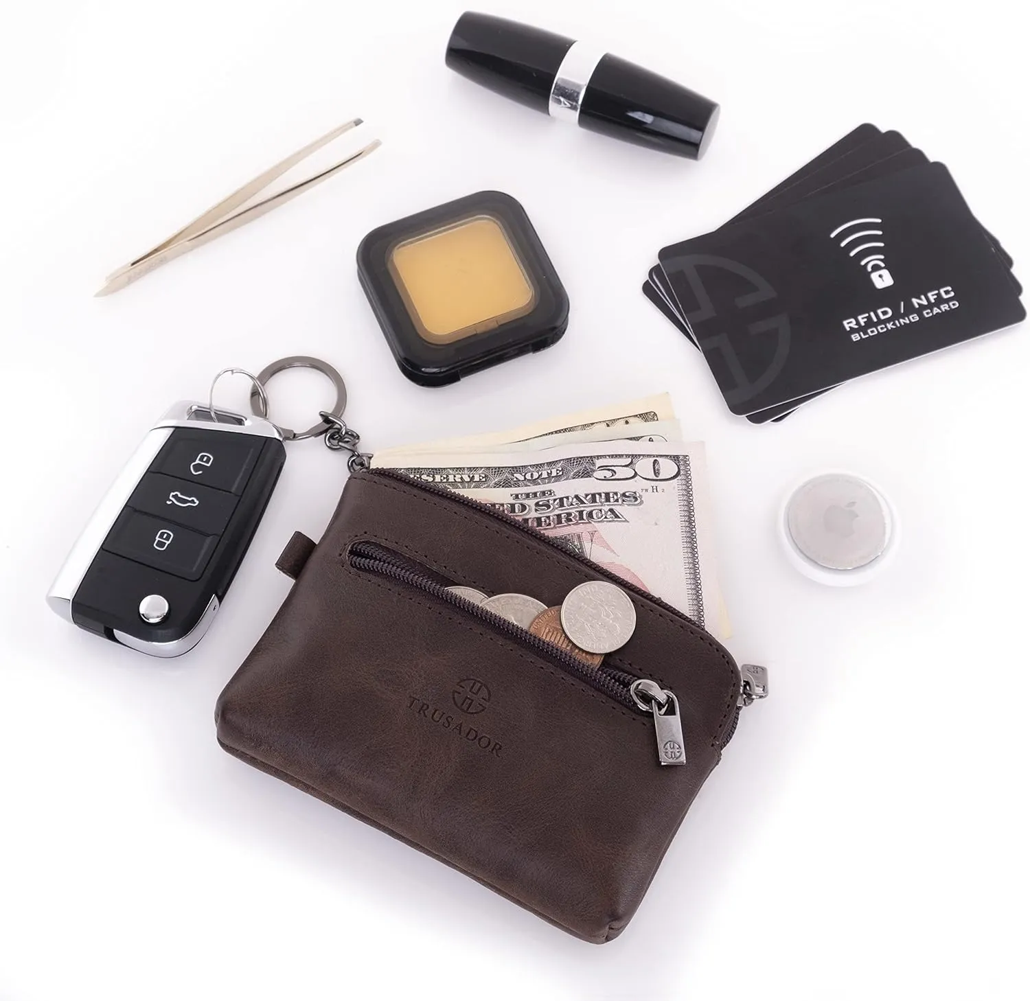 TRUSADOR Milano Women Men Leather Coin Card Key Ring Wallet Pouch Purse Zipper Change Bag (Brown)