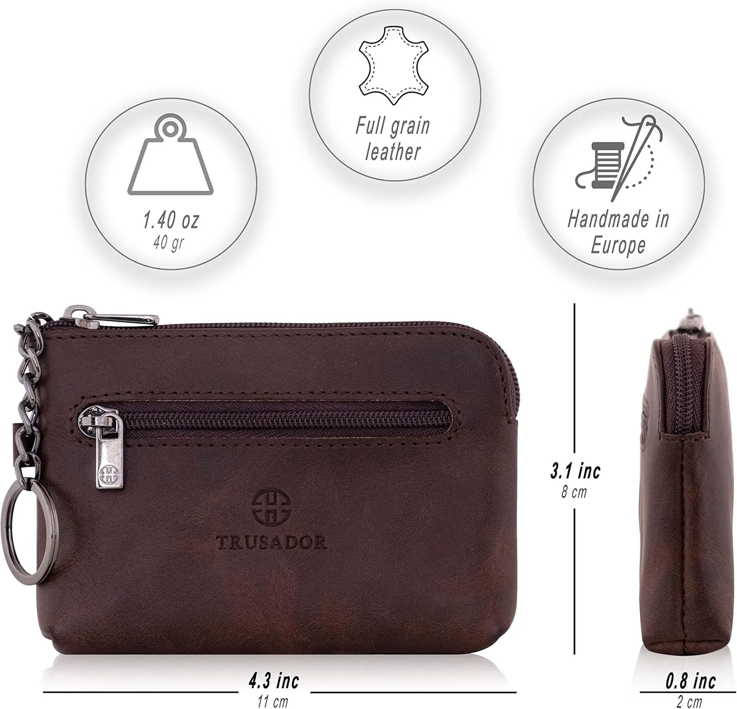 TRUSADOR Milano Women Men Leather Coin Card Key Ring Wallet Pouch Purse Zipper Change Bag (Brown)