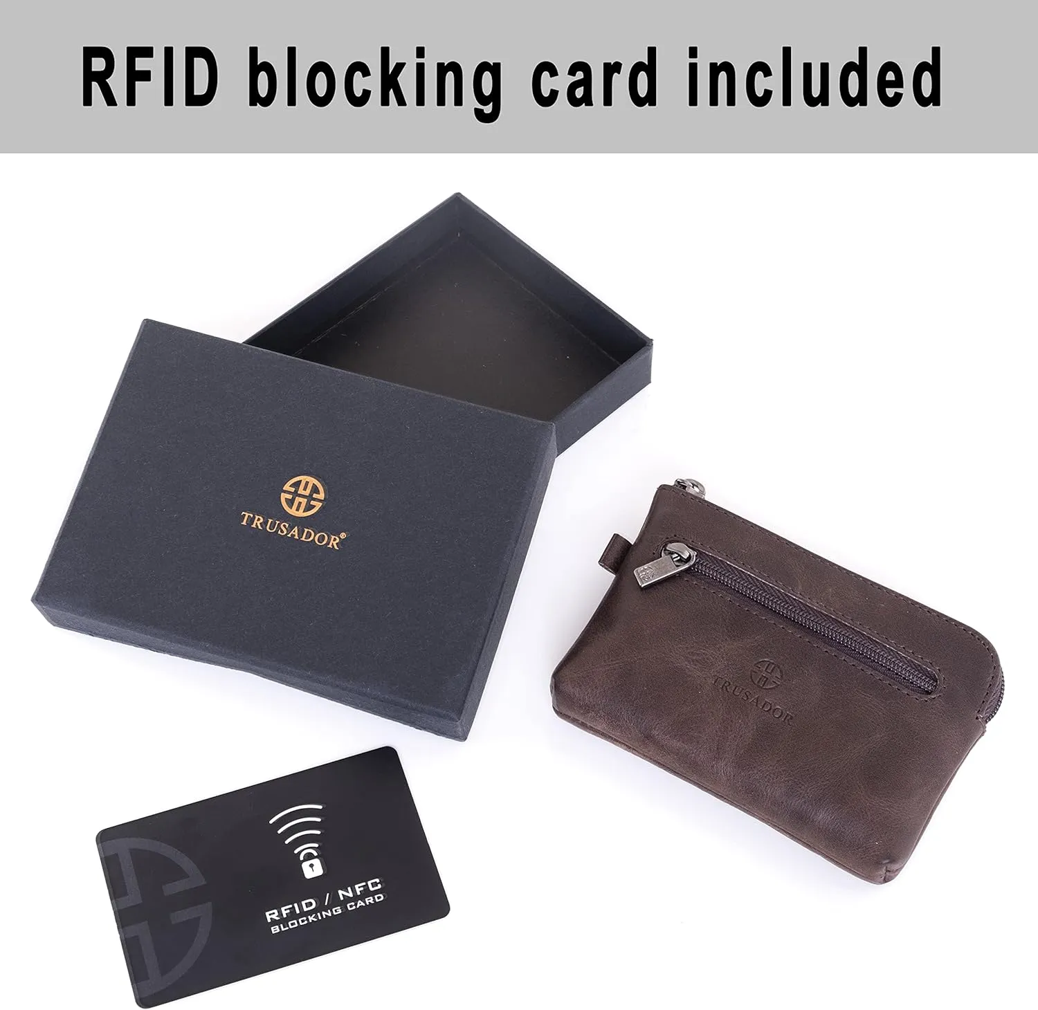 TRUSADOR Milano Women Men Leather Coin Card Key Ring Wallet Pouch Purse Zipper Change Bag (Brown)
