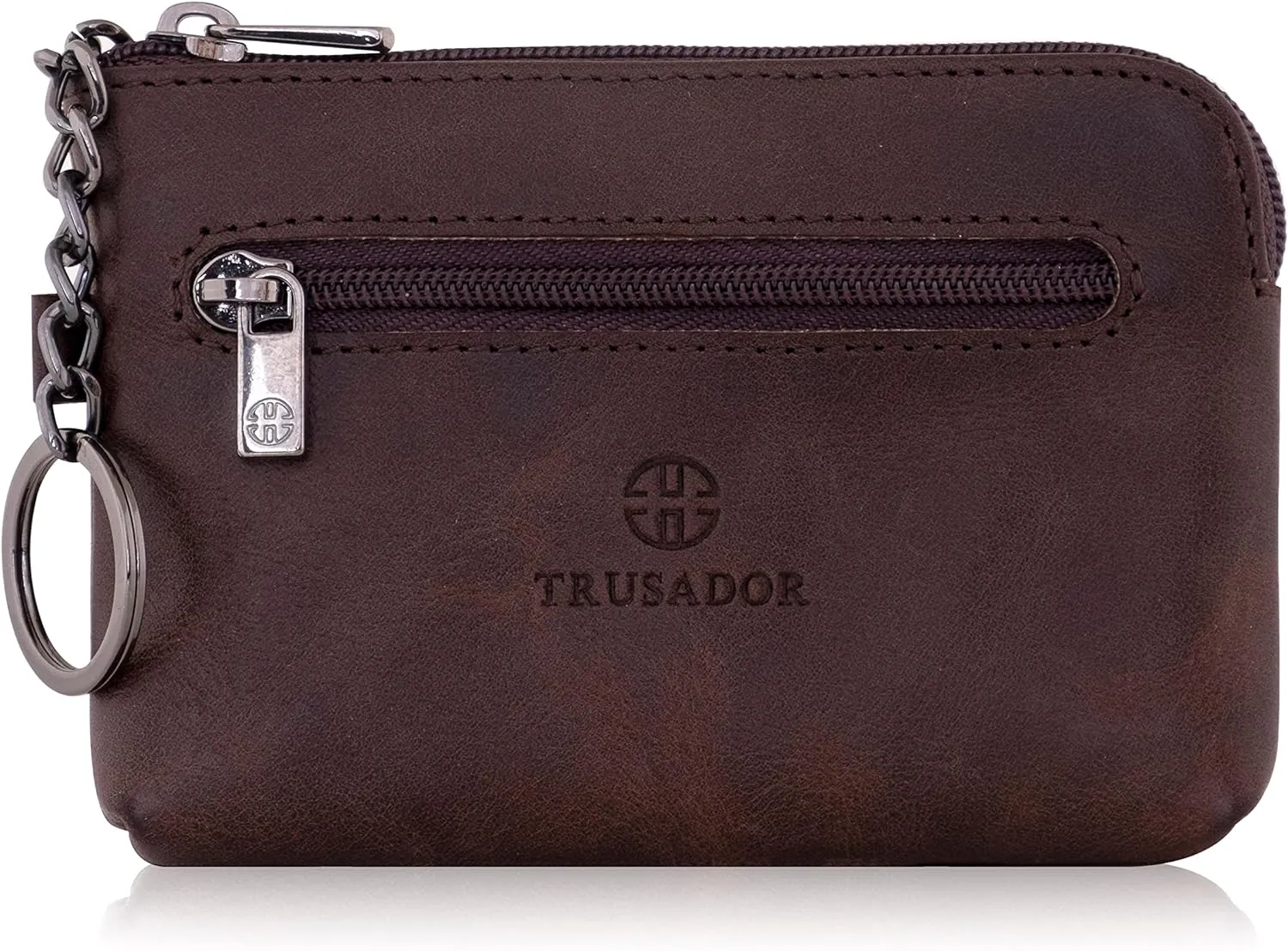 TRUSADOR Milano Women Men Leather Coin Card Key Ring Wallet Pouch Purse Zipper Change Bag (Brown)