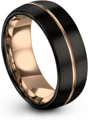 Tungsten Wedding Band Ring 8mm for Men Women 18k Rose Yellow Gold Plated Dome Center Line Black Brushed Polished