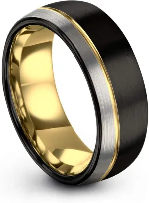 Tungsten Wedding Band Ring 8mm for Men Women 18k Rose Yellow Gold Plated Dome Off Set Line Black Grey Half Brushed Polished