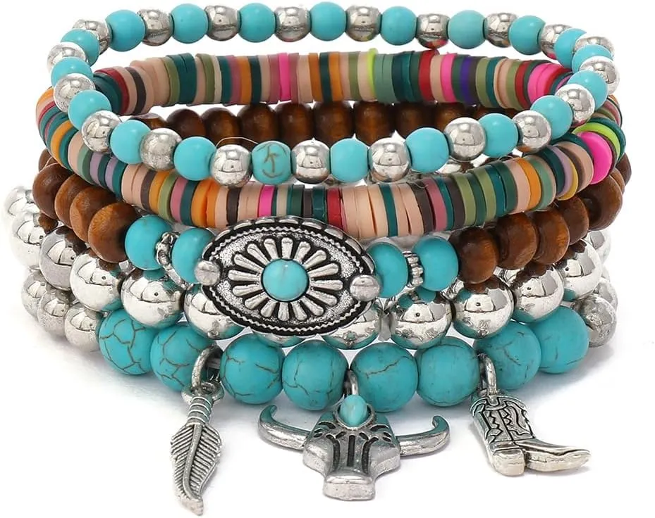 Turquoise Western Cowgirl Bracelets for Women Handmade Stackable Turquoise Beaded Stretch Bracelet Vintage Rodeo Western Jewelry Set Country Cowboy Outfit Accessories