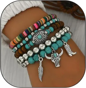 Turquoise Western Cowgirl Bracelets for Women Handmade Stackable Turquoise Beaded Stretch Bracelet Vintage Rodeo Western Jewelry Set Country Cowboy Outfit Accessories