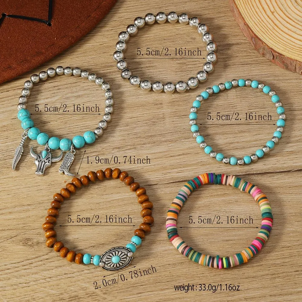 Turquoise Western Cowgirl Bracelets for Women Handmade Stackable Turquoise Beaded Stretch Bracelet Vintage Rodeo Western Jewelry Set Country Cowboy Outfit Accessories