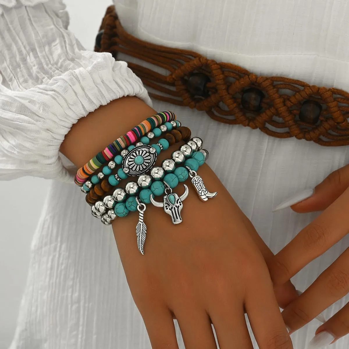 Turquoise Western Cowgirl Bracelets for Women Handmade Stackable Turquoise Beaded Stretch Bracelet Vintage Rodeo Western Jewelry Set Country Cowboy Outfit Accessories