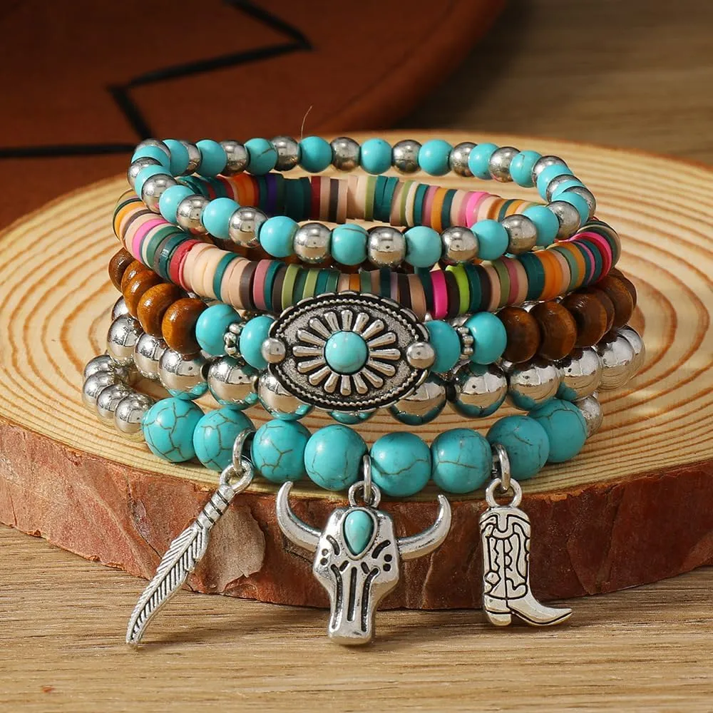 Turquoise Western Cowgirl Bracelets for Women Handmade Stackable Turquoise Beaded Stretch Bracelet Vintage Rodeo Western Jewelry Set Country Cowboy Outfit Accessories