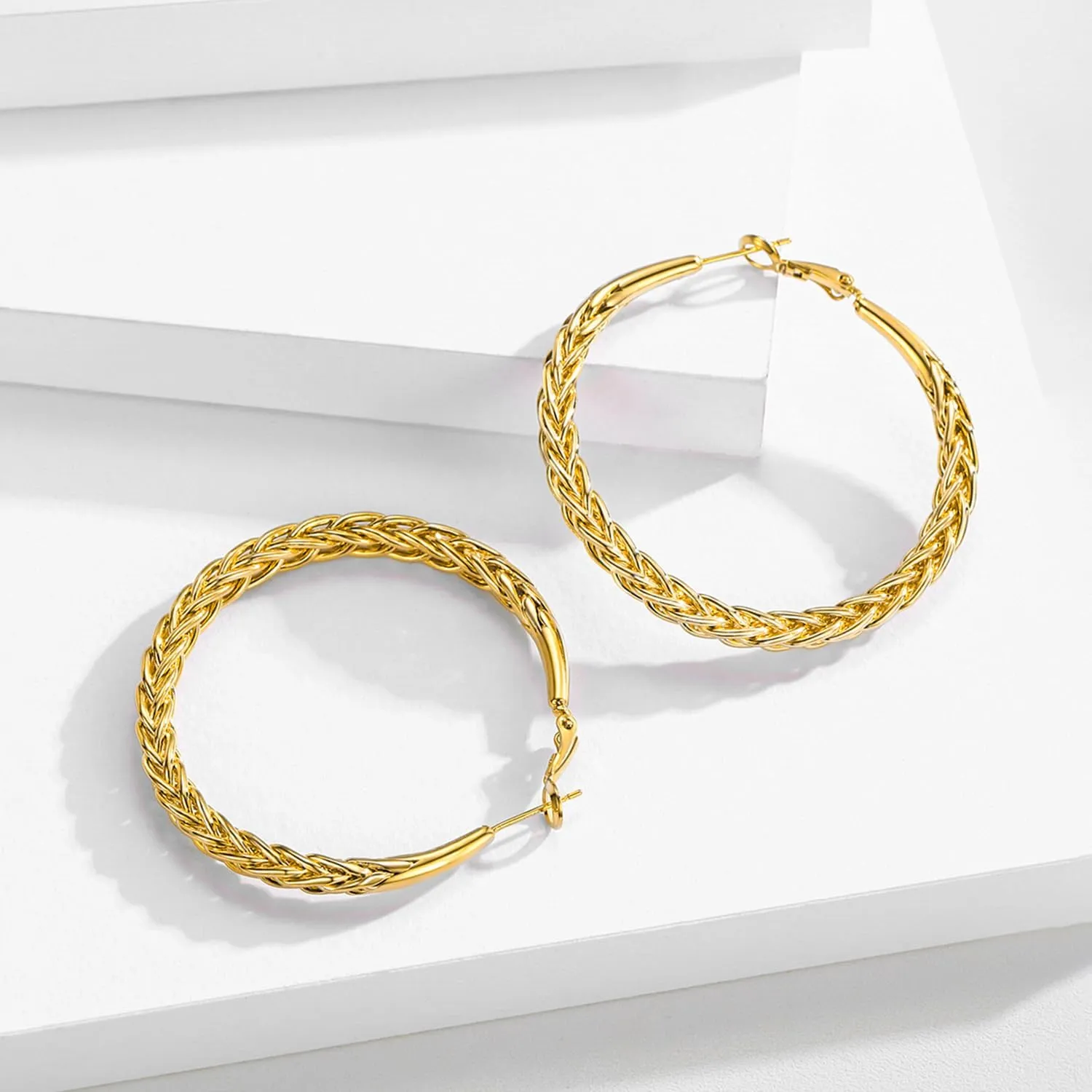 Twisted Hooop Earrings for Women - 14k Gold Plated with 925 Sterling Silver Post Lightweight&Hypoallergenic Large Thick Hoop Earrings Jewelry for Women