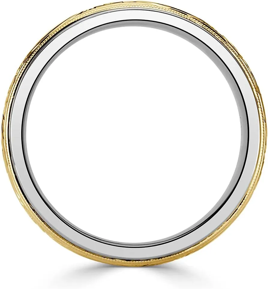Two Tone Vintage Wedding Band Ring for Men 10K 14K 18K Solid Gold 6mm 8mm Men's Comfort Fit Engraved Wedding Band