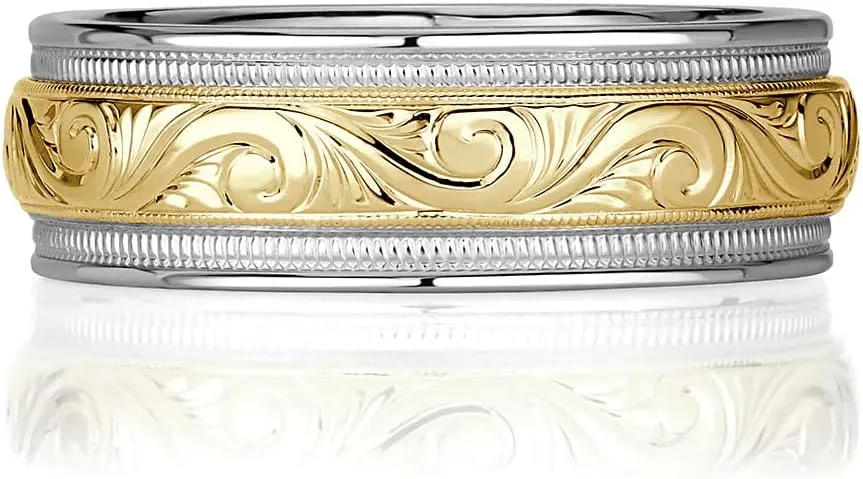 Two Tone Vintage Wedding Band Ring for Men 10K 14K 18K Solid Gold 6mm 8mm Men's Comfort Fit Engraved Wedding Band