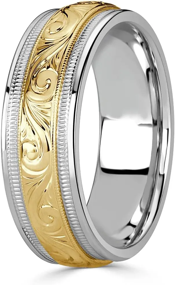 Two Tone Vintage Wedding Band Ring for Men 10K 14K 18K Solid Gold 6mm 8mm Men's Comfort Fit Engraved Wedding Band