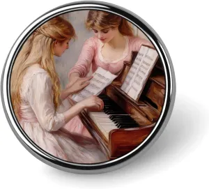 Two Young Girls at The Piano 1892 Round Badge Cute Brooch Pins Button Badges for Backpack Jackets Hats Decor