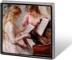 Two Young Girls at The Piano 1892 Square Badge Cute Heart Brooch Pins Button Badges for Backpack Jackets Hats Decor