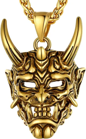 U7 Hannya Mask Necklace, Mens Gothic Punk Pendant, Stainless Steel Silver Black Personalized Evil Demon Horn Jewelry Oni Necklaces with 22 Inch Chain
