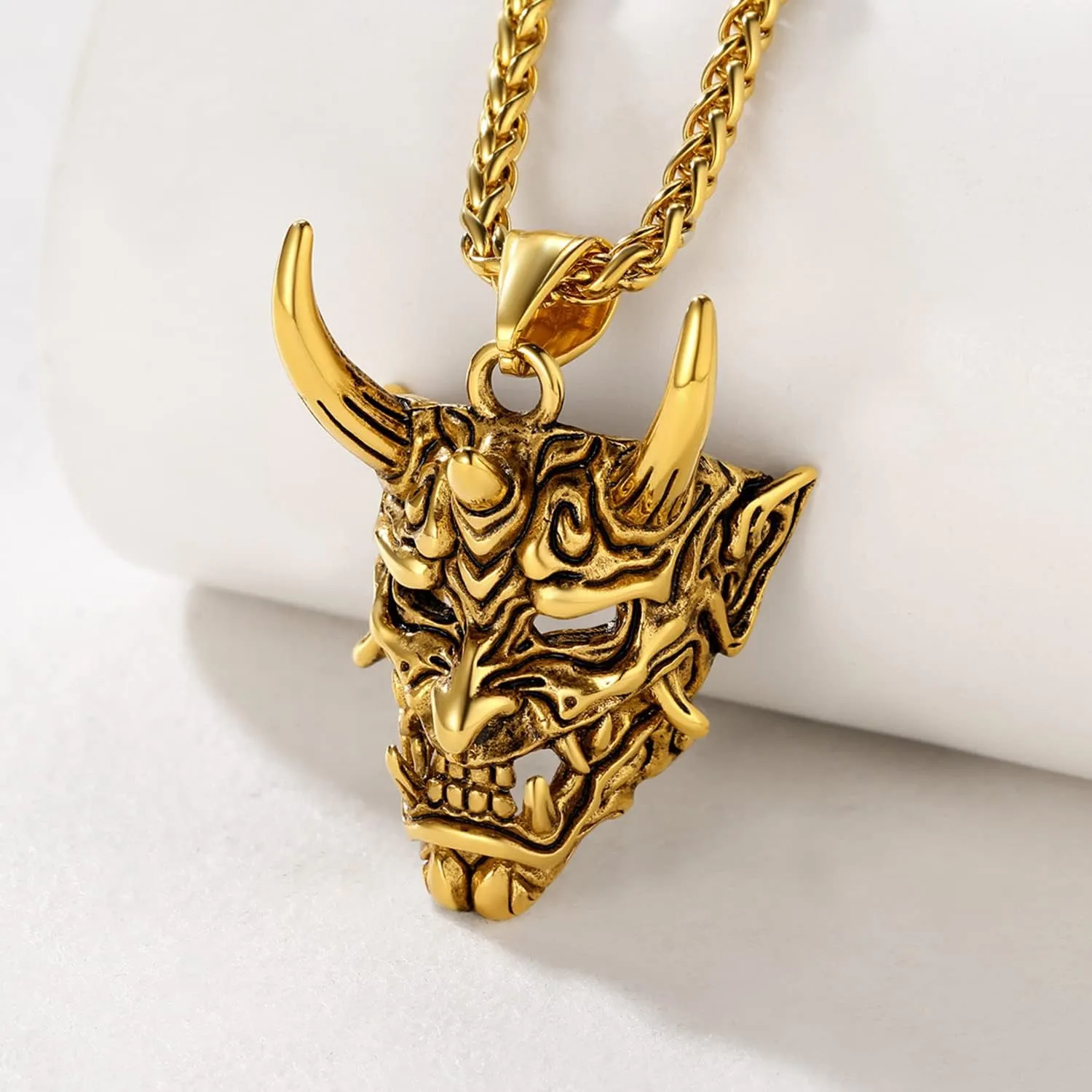 U7 Hannya Mask Necklace, Mens Gothic Punk Pendant, Stainless Steel Silver Black Personalized Evil Demon Horn Jewelry Oni Necklaces with 22 Inch Chain