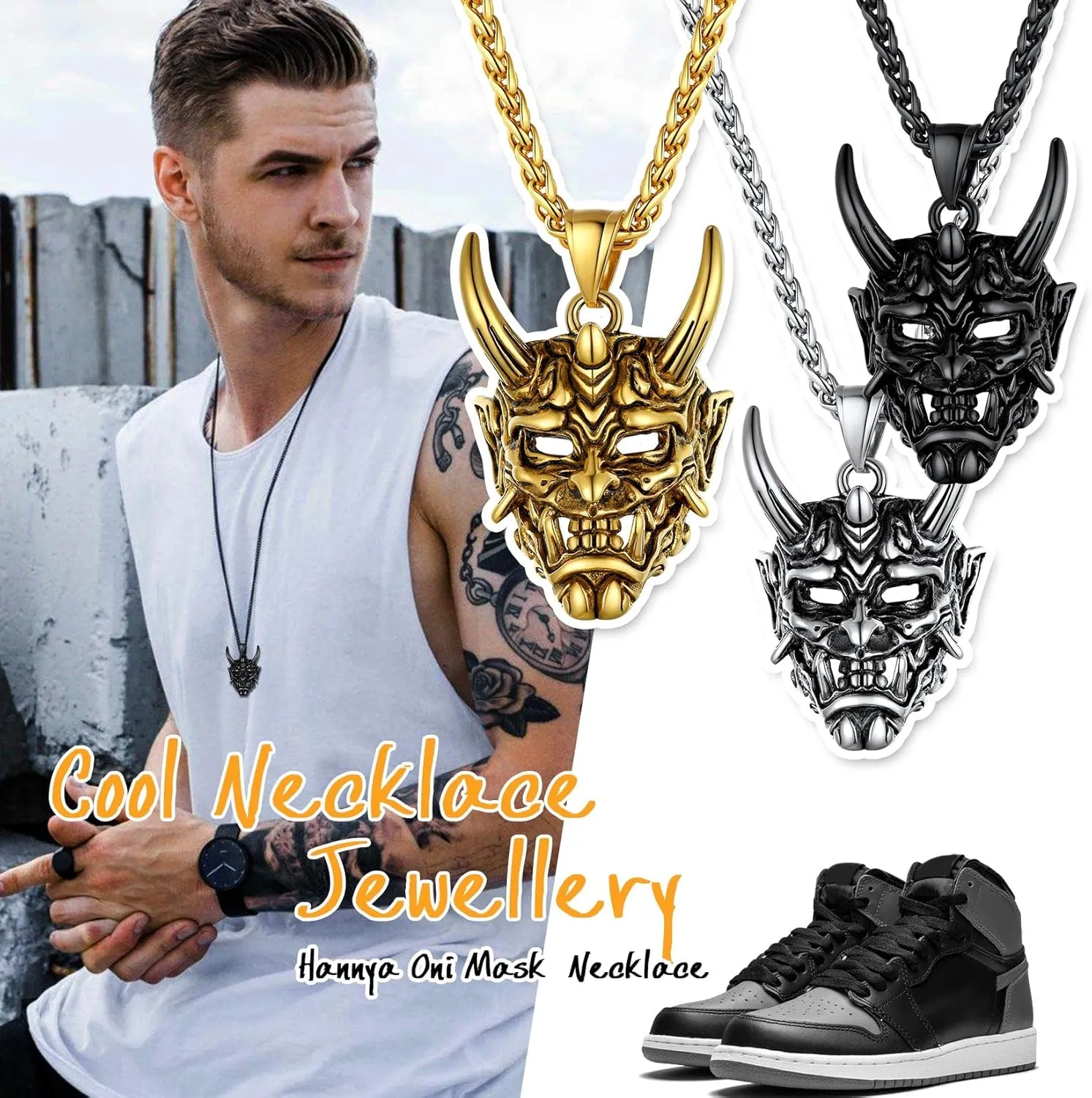 U7 Hannya Mask Necklace, Mens Gothic Punk Pendant, Stainless Steel Silver Black Personalized Evil Demon Horn Jewelry Oni Necklaces with 22 Inch Chain