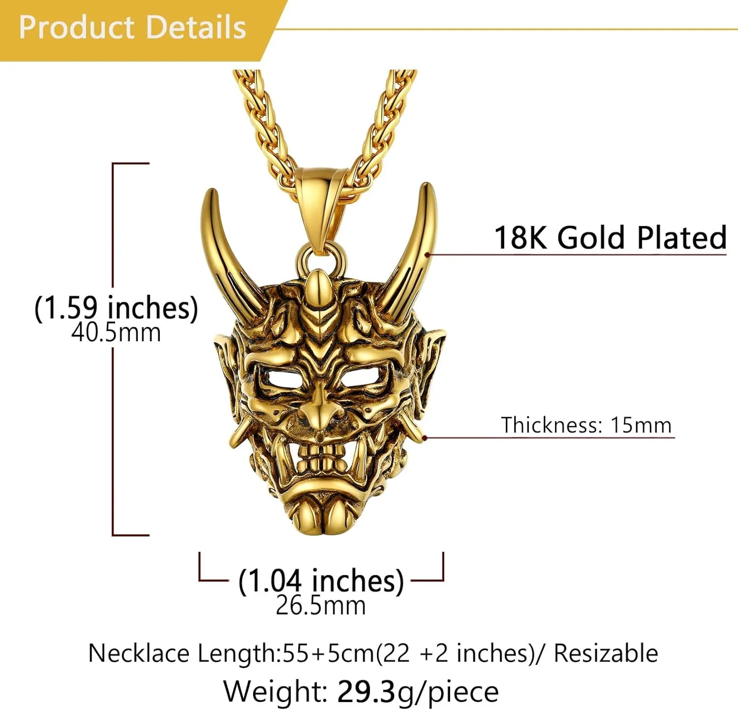 U7 Hannya Mask Necklace, Mens Gothic Punk Pendant, Stainless Steel Silver Black Personalized Evil Demon Horn Jewelry Oni Necklaces with 22 Inch Chain