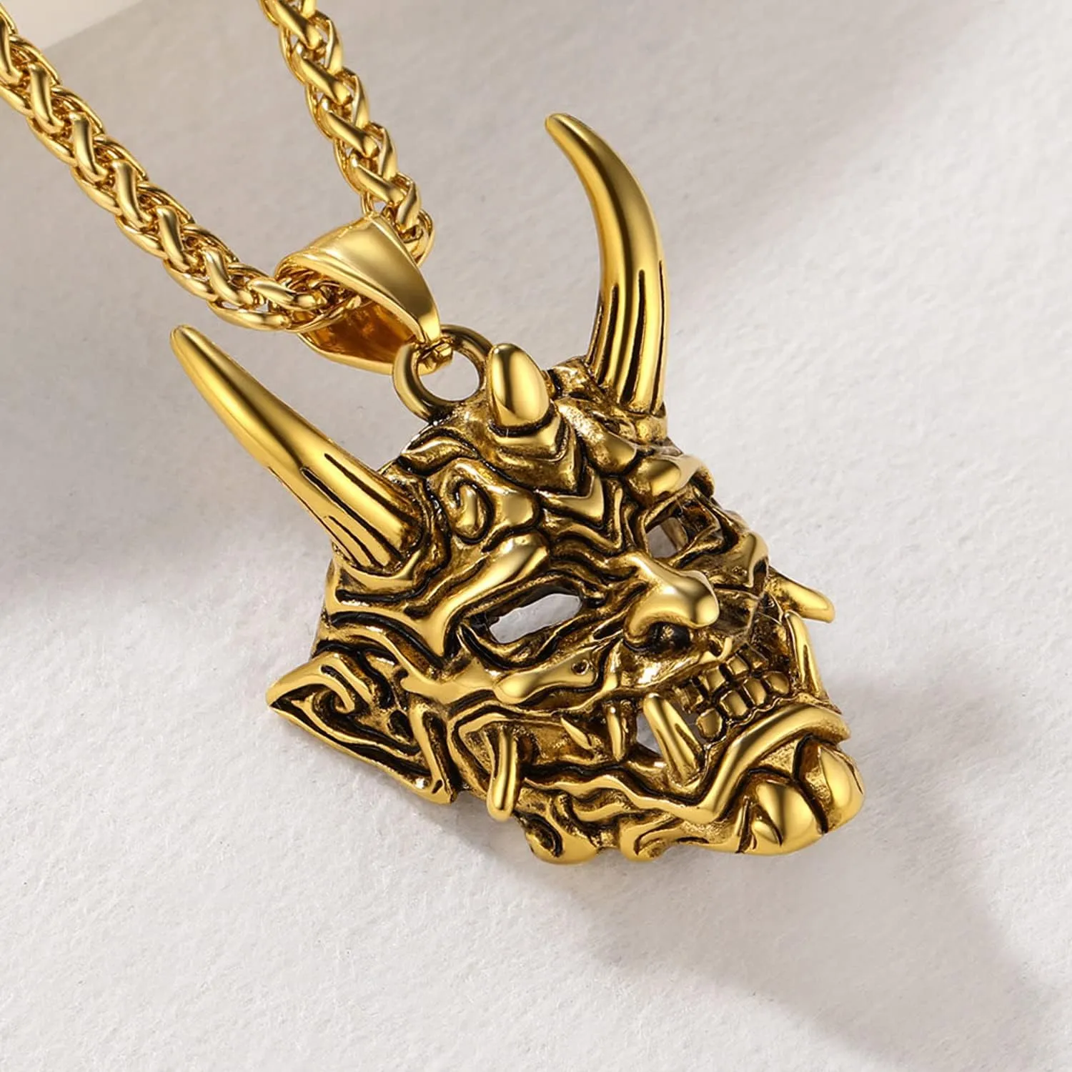 U7 Hannya Mask Necklace, Mens Gothic Punk Pendant, Stainless Steel Silver Black Personalized Evil Demon Horn Jewelry Oni Necklaces with 22 Inch Chain