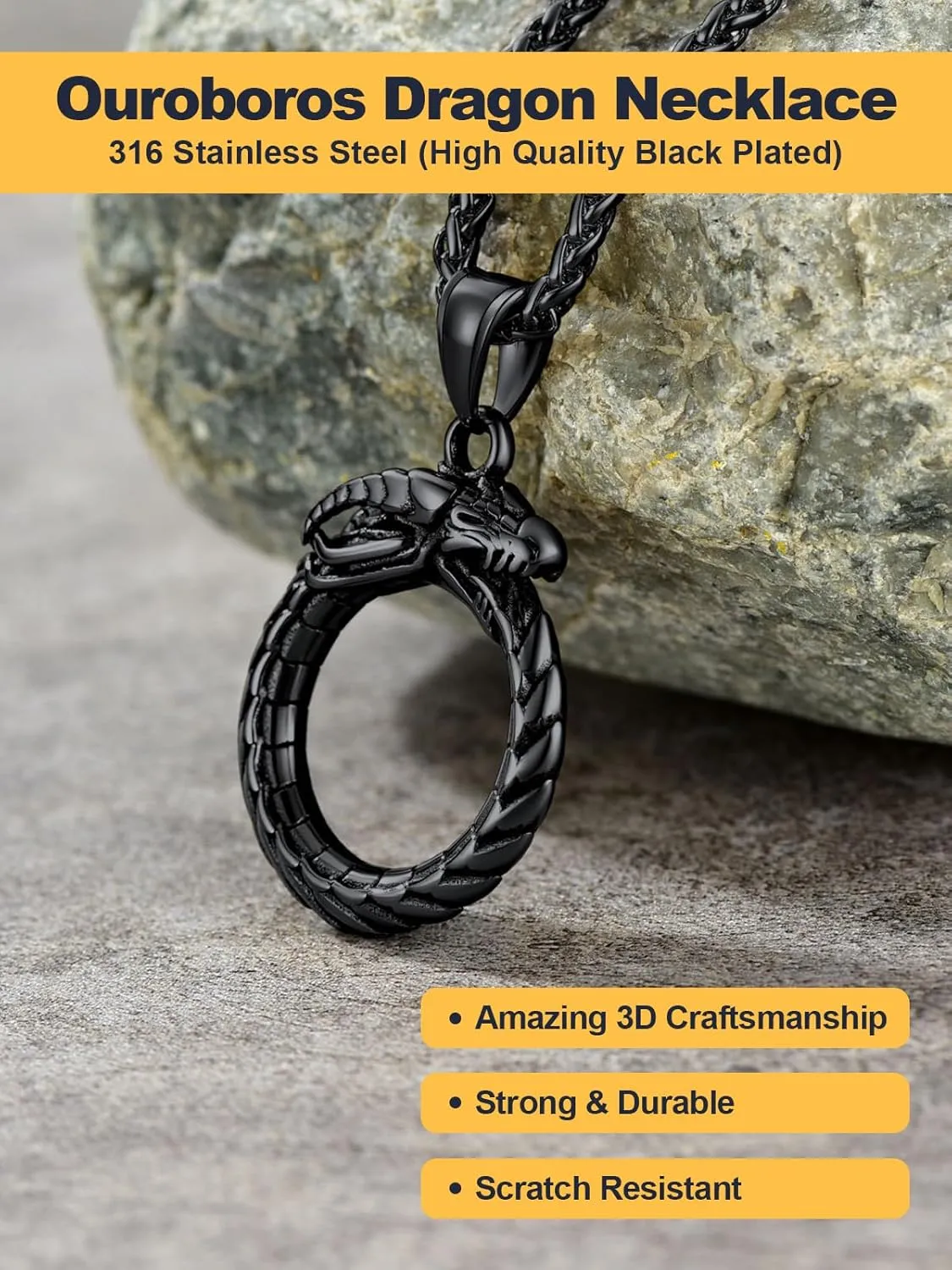 U7 Punk Chameleon/Eagle/Dragon/Hawk/Wolf Necklaces for Men Women, Retro Black Stainless Steel Animal Pendant Personalized Jewelry Gift Cool Necklace with 22 Inch Chain