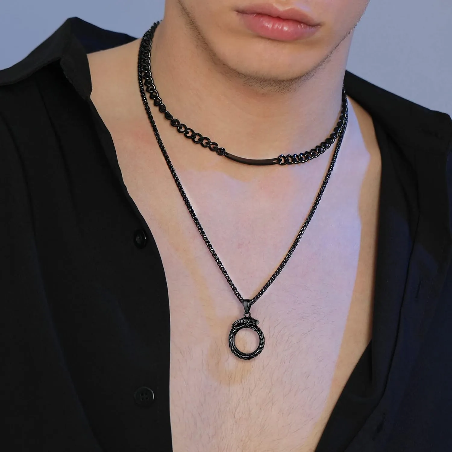 U7 Punk Chameleon/Eagle/Dragon/Hawk/Wolf Necklaces for Men Women, Retro Black Stainless Steel Animal Pendant Personalized Jewelry Gift Cool Necklace with 22 Inch Chain