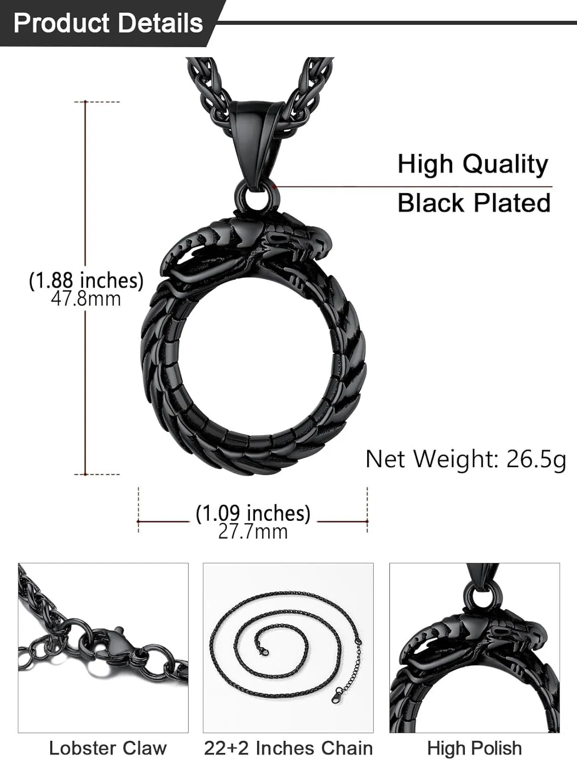 U7 Punk Chameleon/Eagle/Dragon/Hawk/Wolf Necklaces for Men Women, Retro Black Stainless Steel Animal Pendant Personalized Jewelry Gift Cool Necklace with 22 Inch Chain