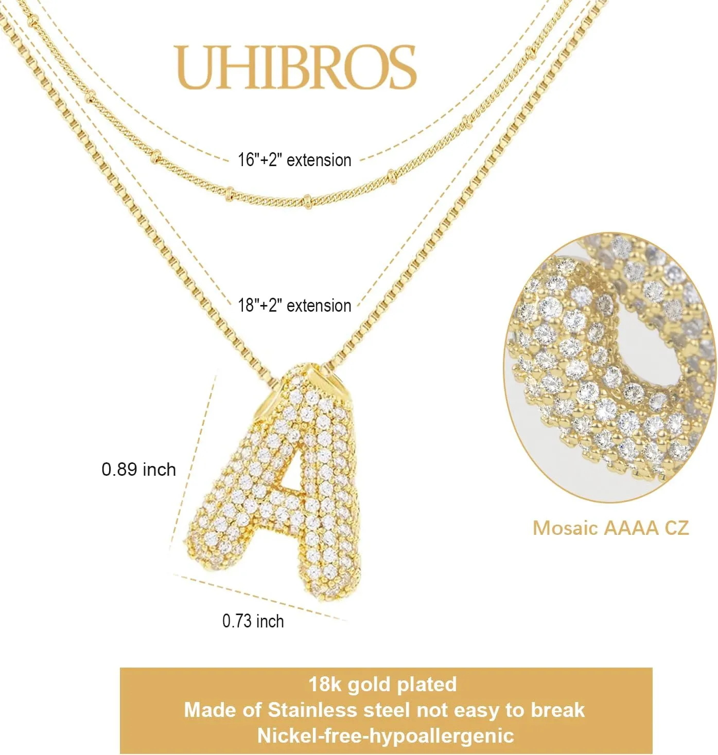 UHIBROS Bubble Letter Necklace, Gold Balloon Initial Necklaces for Women, Cubic Zirconia Dainty Charm Alphabet Pendant, 18K Gold Plated Custom Name Choker, Trendy Puffy Personalized Jewelry