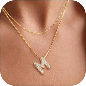 UHIBROS Bubble Letter Necklace, Gold Balloon Initial Necklaces for Women, Cubic Zirconia Dainty Charm Alphabet Pendant, 18K Gold Plated Custom Name Choker, Trendy Puffy Personalized Jewelry