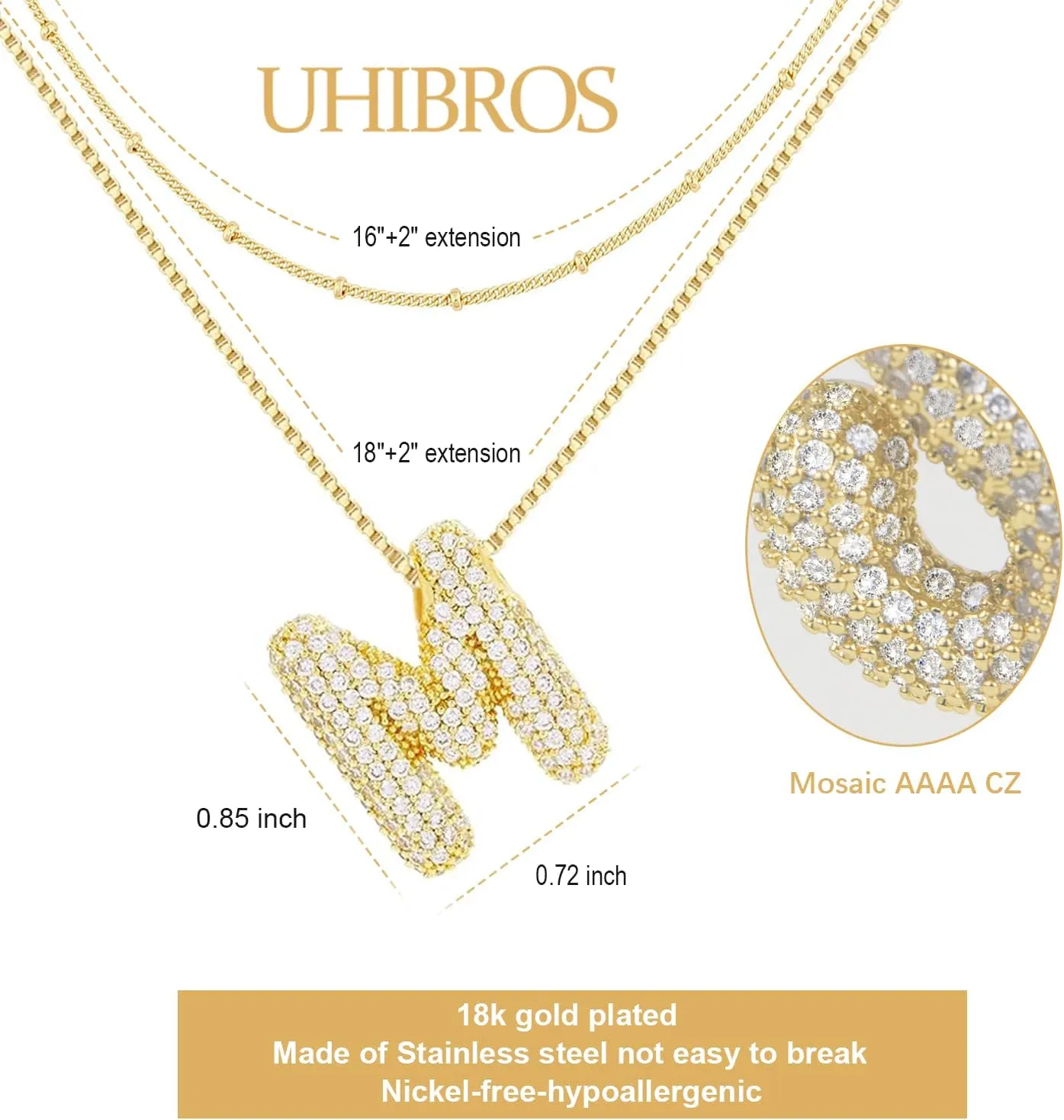 UHIBROS Bubble Letter Necklace, Gold Balloon Initial Necklaces for Women, Cubic Zirconia Dainty Charm Alphabet Pendant, 18K Gold Plated Custom Name Choker, Trendy Puffy Personalized Jewelry