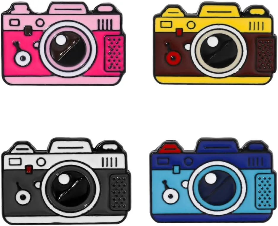 ulricar 4pcs Creative Cartoon Camera Brooch Fashion Enamel Pin Photography Alloy Badges Outdoor Travel Brooch Bag Clothes Hat Decoration for Men Women Girls Kids Gift